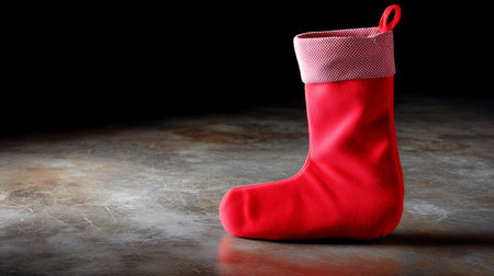 Red Christmas stocking on a black background with copy space for text.の素材