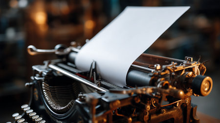 Vintage typewriter with blank paper sheet close-up macro photographyの素材