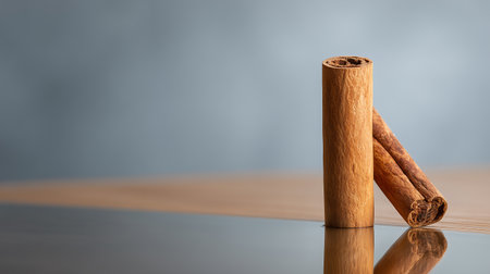 Cinnamon sticks on a wooden table. Selective focus with shallow depth of field.の素材