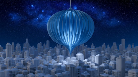 3D illustration of a city with a blue hot air balloon in the night skyの素材