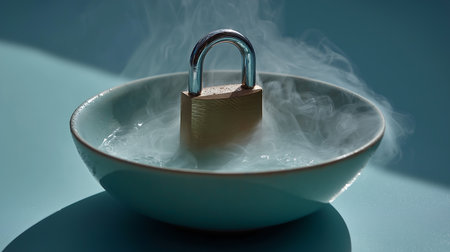 A padlock in a bowl of hot water on a blue backgroundの素材