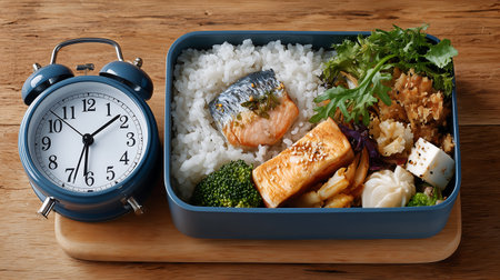 Lunch box with tasty Japanese food and alarm clock on wooden backgroundの素材
