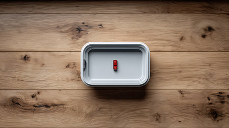 3d rendering of a white lunch box with a red cap on a wooden backgroundの素材