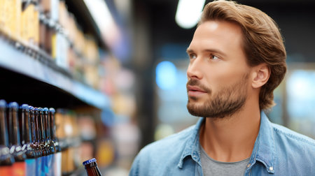 people, sale, consumerism and drinks concept - close up of handsome man looking at bottle of beer in supermarketの素材