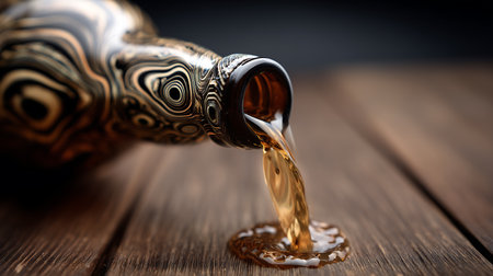 Pouring beer into a bottle on wooden table. Close up.の素材