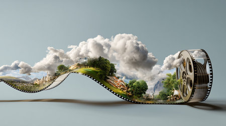 Film roll with filmstrip and landscape. 3d render. Clip artの素材