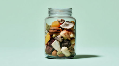 Mixed nuts in a glass jar on a green background. Healthy food conceptの素材
