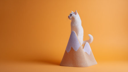 White cat sitting on the top of a cake on an orange backgroundの素材