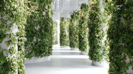 3D render of a long corridor with ivy and green plantsの素材