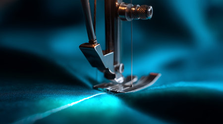 Sewing machine needle and thread close-up on blue backgroundの素材