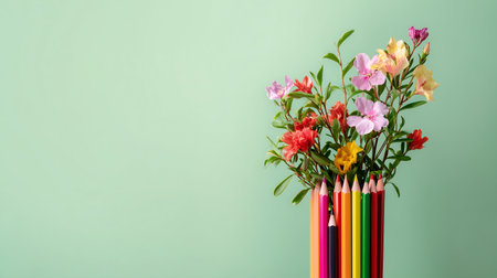 Colorful pencils and spring flowers on green background with copy spaceの素材