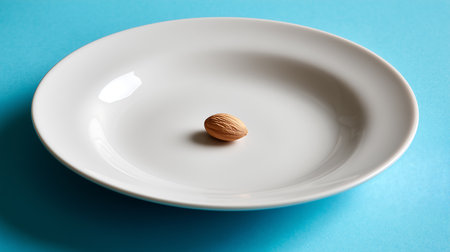 Almond on a white plate on a blue background, close-upの素材