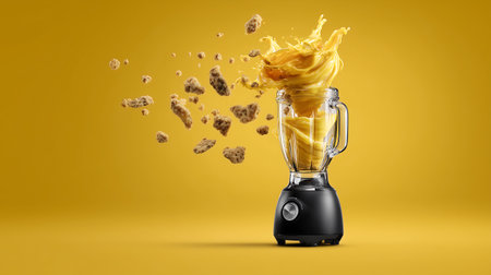 Blender with flying banana chips on yellow background. 3d renderingの素材