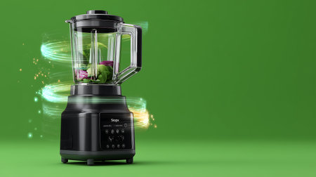 Modern electric blender with glowing green leaves on green background. 3D renderingの素材