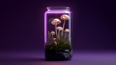 Mushrooms in a glass jar. 3d illustration. Purple background.の素材