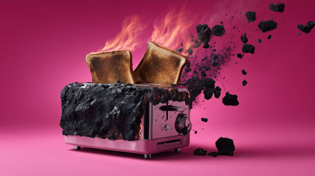 Burning toaster with toasted bread 3d render on pink backgroundの素材