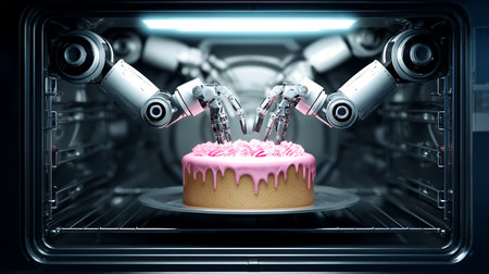 3d rendering robotic hand with cake in the oven, artificial intelligence conceptの素材