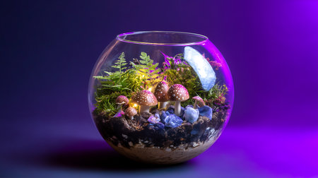 Small round glass aquarium with plants and mushrooms on a purple background.の素材