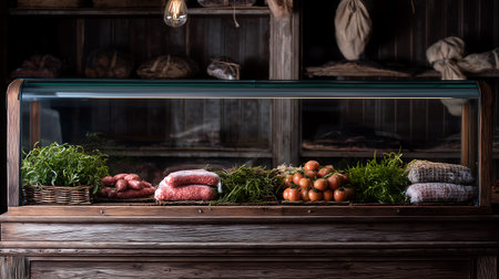 Butcher shop with fresh meat and vegetables. Selective focus.の素材