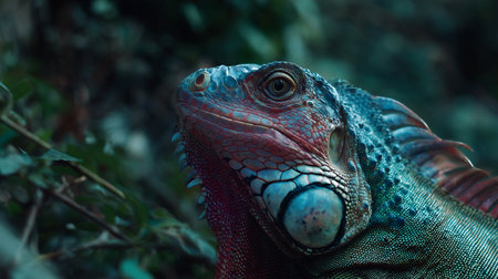 Close up of a green iguana, Iguana iguana.の素材