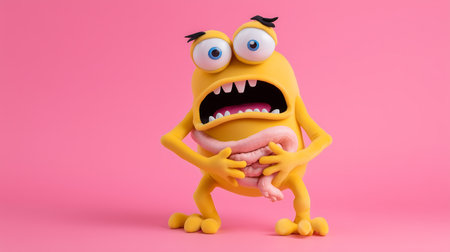 Funny yellow monster character isolated on pink background. 3d illustrationの素材