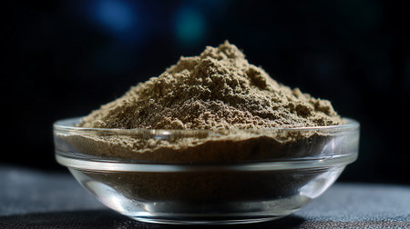 Powdered cinnamon powder in a glass bowl on dark backgroundの素材