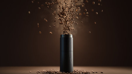 Coffee grinder with flying coffee beans. 3d renderingの素材