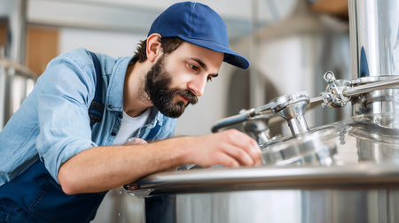 young male brewer in cap and blue overalls working on beer breweryの素材