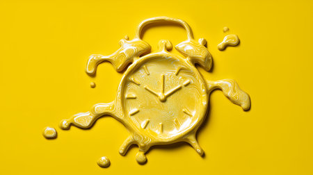 Alarm clock and splashes of water on a yellow background.の素材