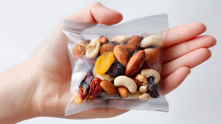 Healthy food. Assorted nuts in plastic bag on white backgroundの素材
