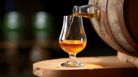 Glass of brandy and barrel on wooden table in cellar, closeupの素材