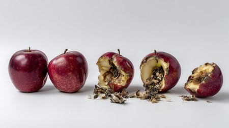 Rotten apple and broken apple on white background. Concept of healthy eating.の素材