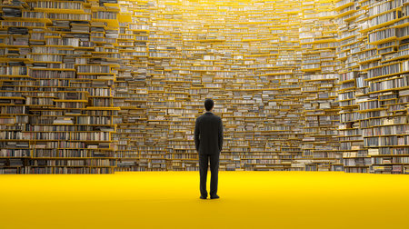 Man standing in front of bookshelves in a library. 3D Renderingの素材