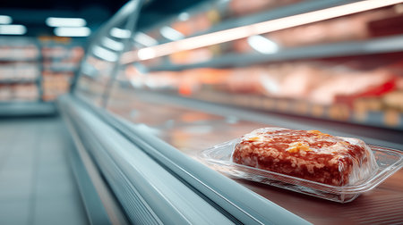 Close up of frozen meat in plastic box in supermarket. Shallow depth of fieldの素材