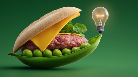 Hamburger with a light bulb on a green background. 3d renderingの素材