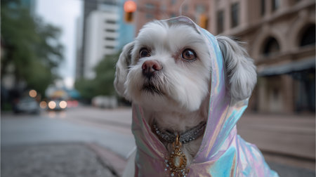 Cute Maltese dog wearing a raincoat in the city.の素材