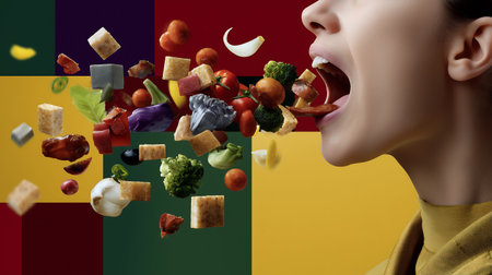 Funny image of young woman with vegetables in mouth. Mixed mediaの素材