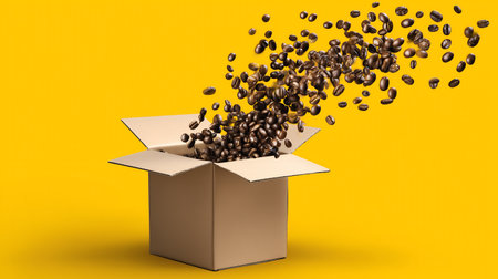 Open cardboard box with flying coffee beans isolated on yellow background. 3d illustrationの素材