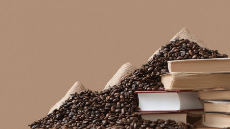 Coffee beans and a stack of books on a brown backgroundの素材