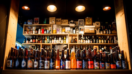 Various beer bottles on a shelf in a pub.の素材