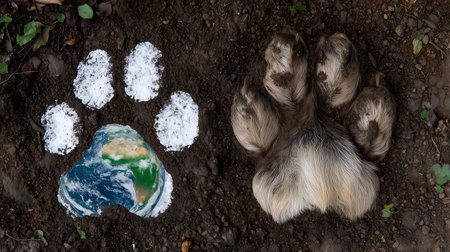 Paws of a dog and a planet earth in the form of a pawprintの素材