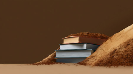 Stack of books and sand on brown background. 3d illustration.の素材