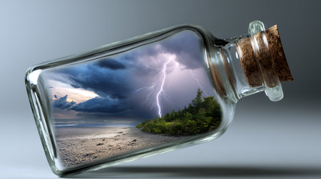 Storm in a bottle on the beach. 3D render. Conceptual image.の素材