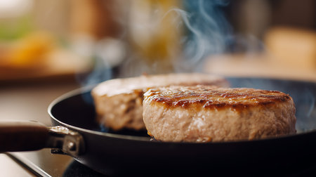 Close-up of grilled hamburger steak in frying pan with smokeの素材