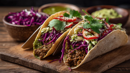Mexican tacos with ground beef, red cabbage and guacamoleの素材
