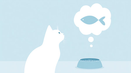 Illustration of a cat thinking about a fish in a bowl.の素材