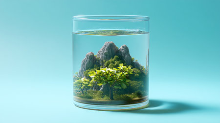 Tree in glass jar on blue background. 3D illustration. Ecology conceptの素材