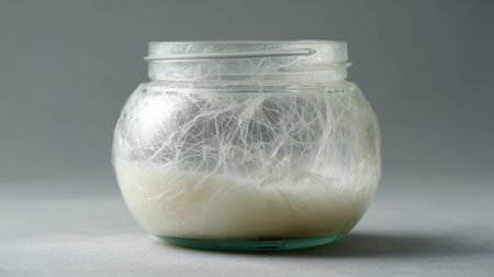 Organic soap in glass jar on grey background, close-upの素材