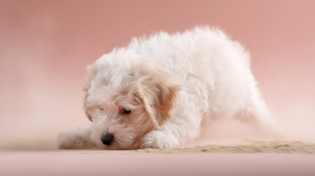 Bichon Frise puppy lying on the sand with pink backgroundの素材