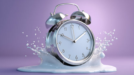 Alarm clock in milk splash on purple background. 3D renderingの素材